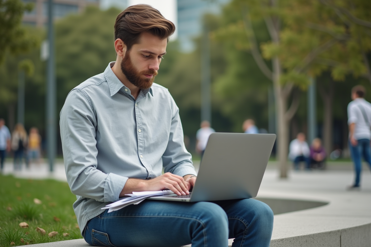 Jeune homme utilisant un ordinateur portable dans un parc urbain avec des relevés bancaires