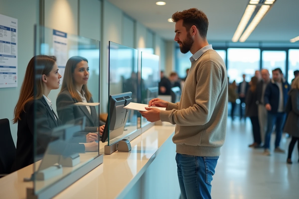 Jeune homme au guichet dans un bureau administratif moderne