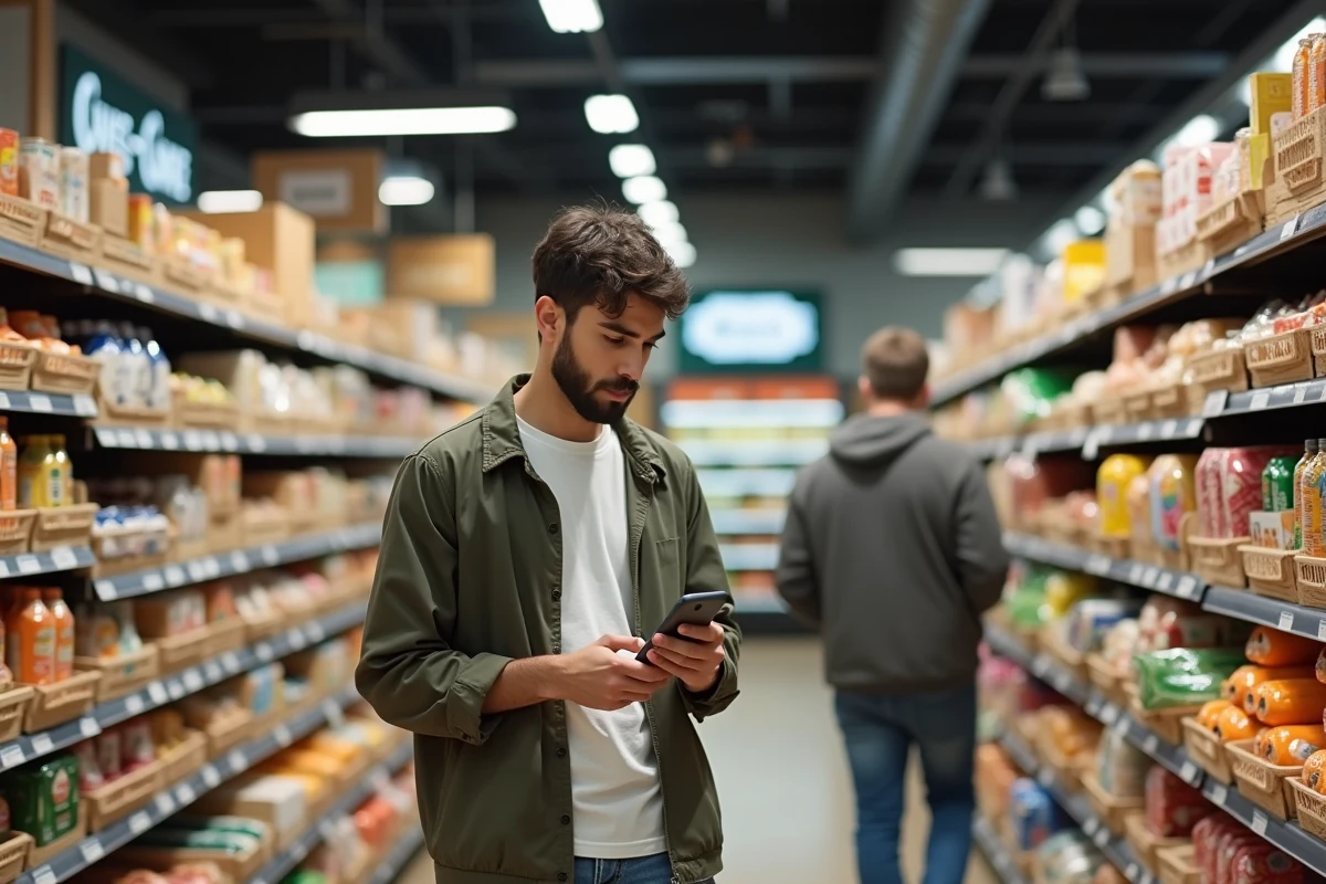 Jeune homme regarde liste sur smartphone dans supermarche