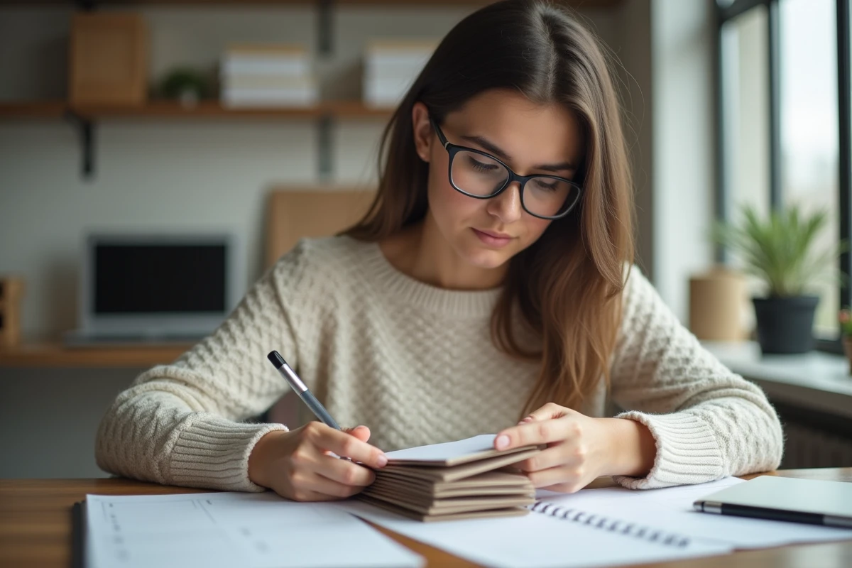 Jeune responsable RH organisant des bons cadeaux sur son bureau