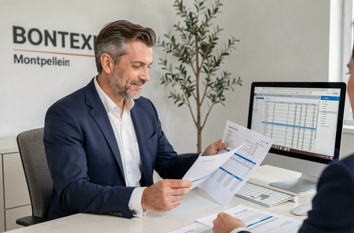 Courtier de JMC Solutions Assurances consultant un client dans un bureau à Montpellier