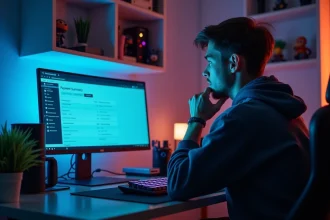 Joueur adulte consultant l'historique de ses dépenses League of Legends sur un écran de PC gaming