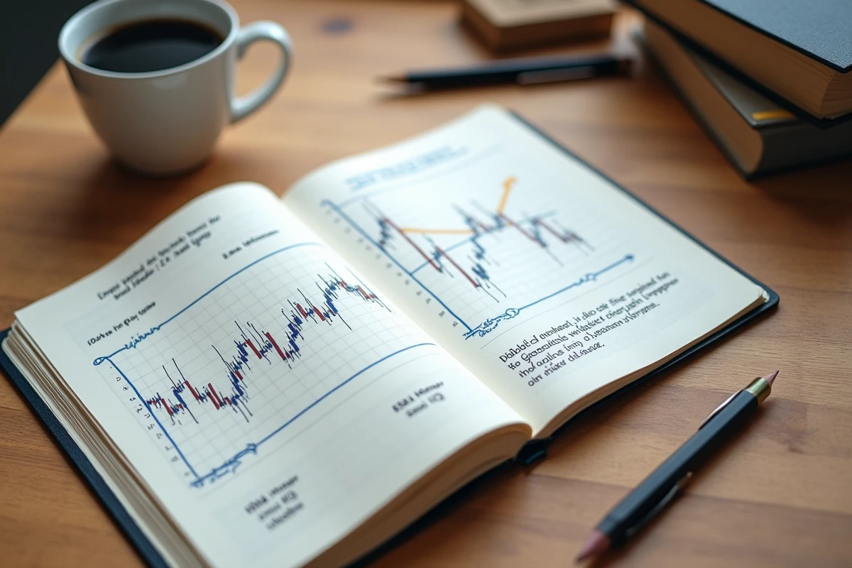Journal de trading manuscrit avec schéma double bottom annoté et notes sur l'analyse du volume de marché