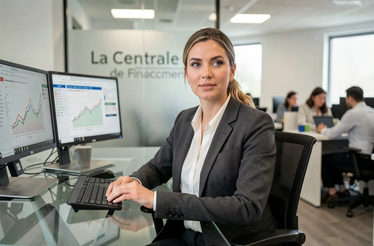 Conseillère de La Centrale de Financement Vaucluse dans un bureau moderne avec écrans de taux immobiliers
