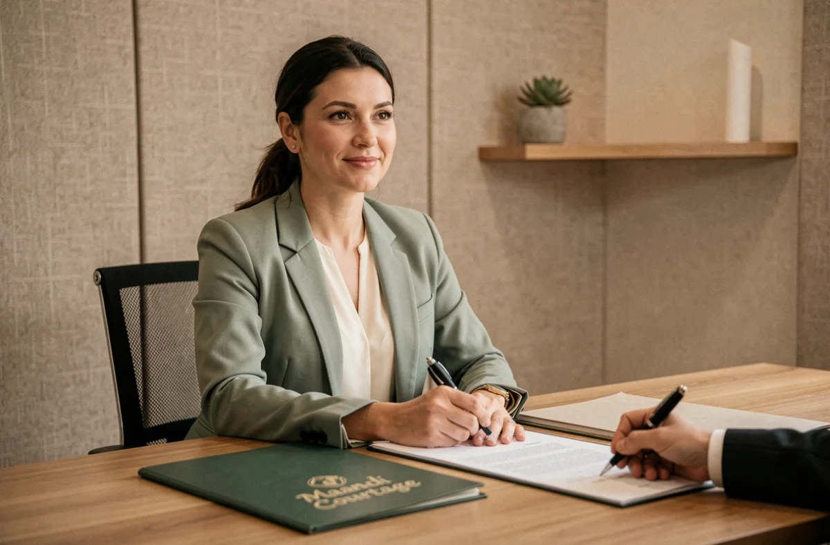 Conseillère Maandi Courtage accompagnant la signature d'un dossier de crédit immobilier