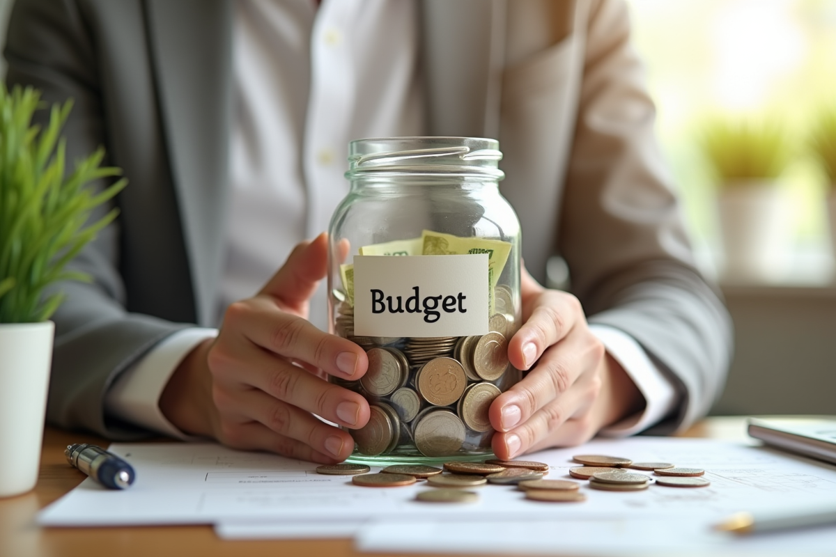 Mains tenant un pot de pièces et billets avec un label budget