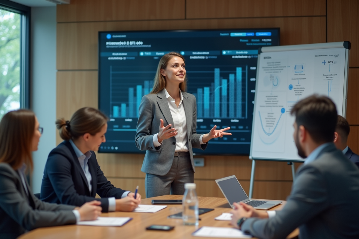 Jeune femme finance expliquant un graphique EBITDA en réunion