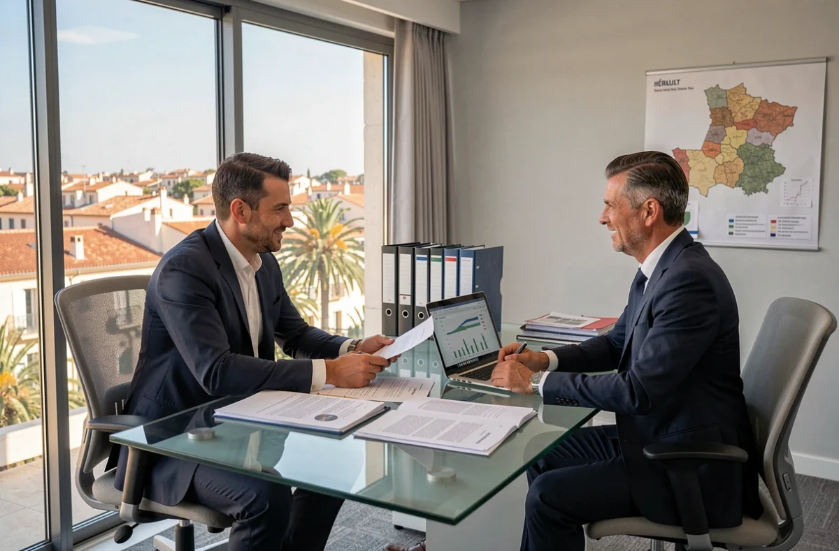 Courtier en assurance consultant un client dans un bureau moderne avec vue sur Montpellier