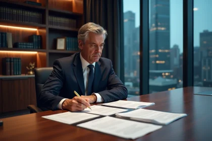 Homme d'affaires milliardaire en costume sombre examinant des documents juridiques et financiers dans une salle de conseil de luxe avec vue sur la ville