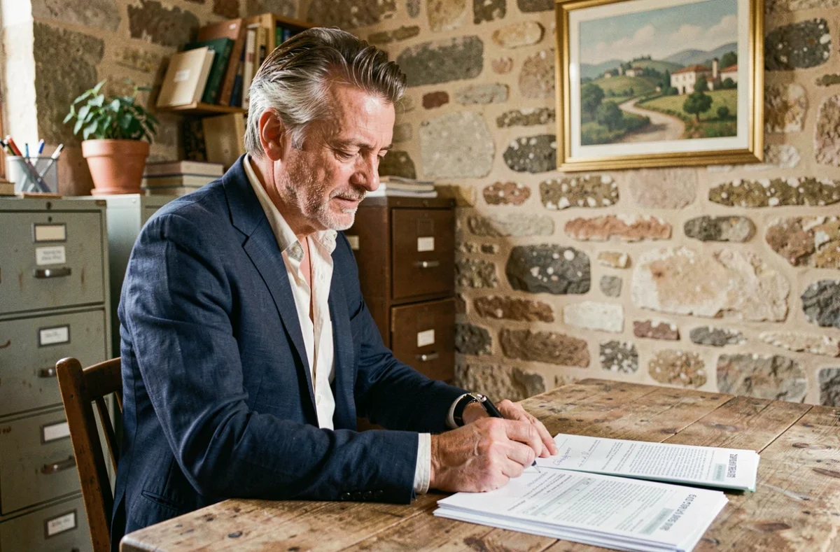 Olivier Gullino, courtier indépendant, analysant des documents de prêt dans son bureau provençal