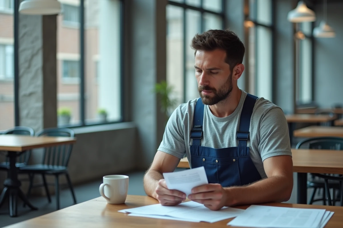 Homme d'usine en pause lisant un document dans la cafetéria