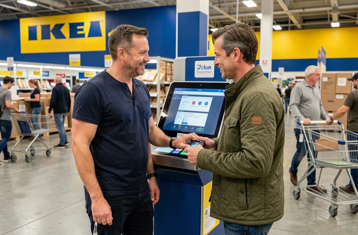 Couple utilisant une borne de paiement en libre-service en magasin IKEA lors de leurs achats
