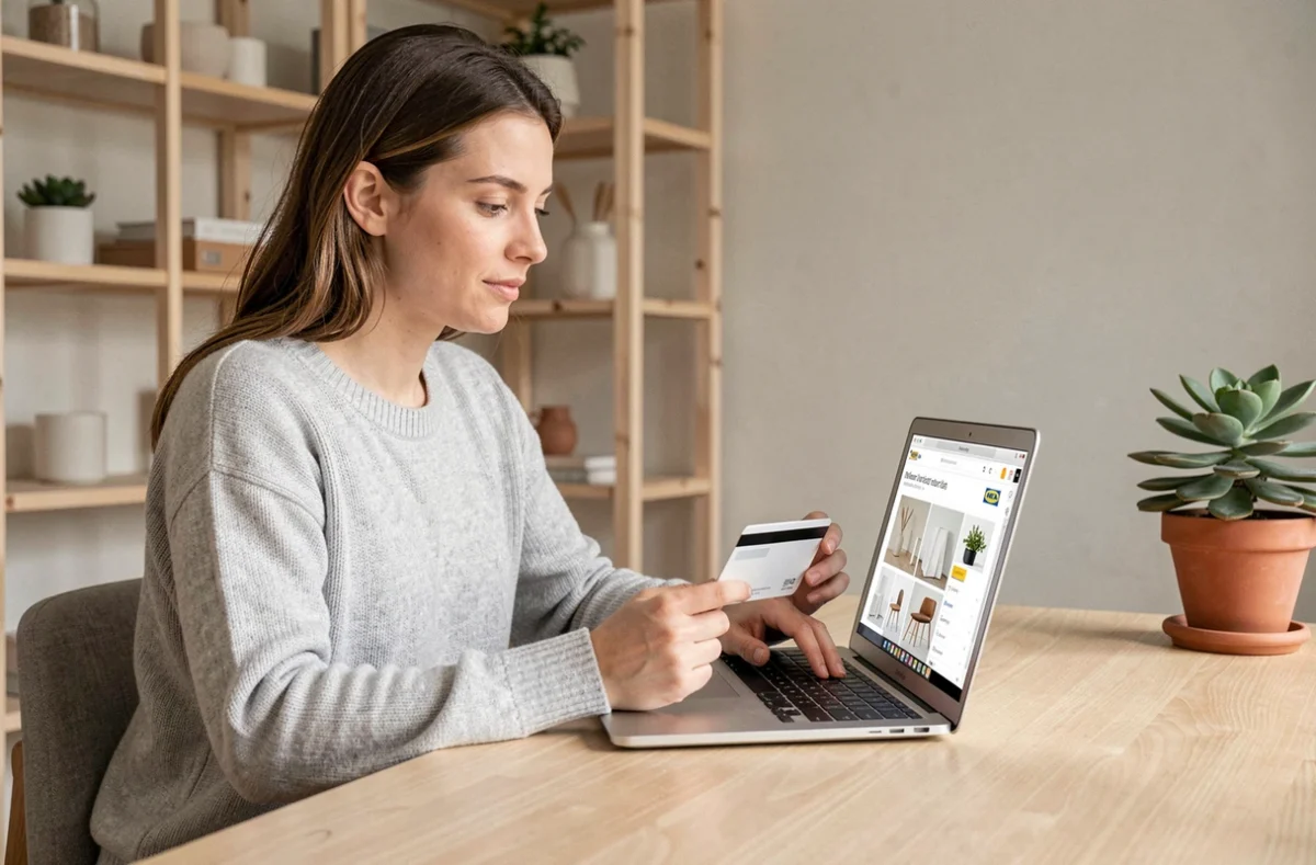 Femme payant une commande IKEA en ligne avec une carte bancaire sur un ordinateur portable dans un bureau scandinave