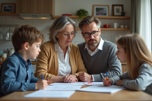 Couple de parents discutant de documents de retraite à la maison