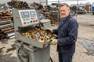 Ouvrier pesant des pièces en laiton sur une balance industrielle dans un centre de recyclage de métaux