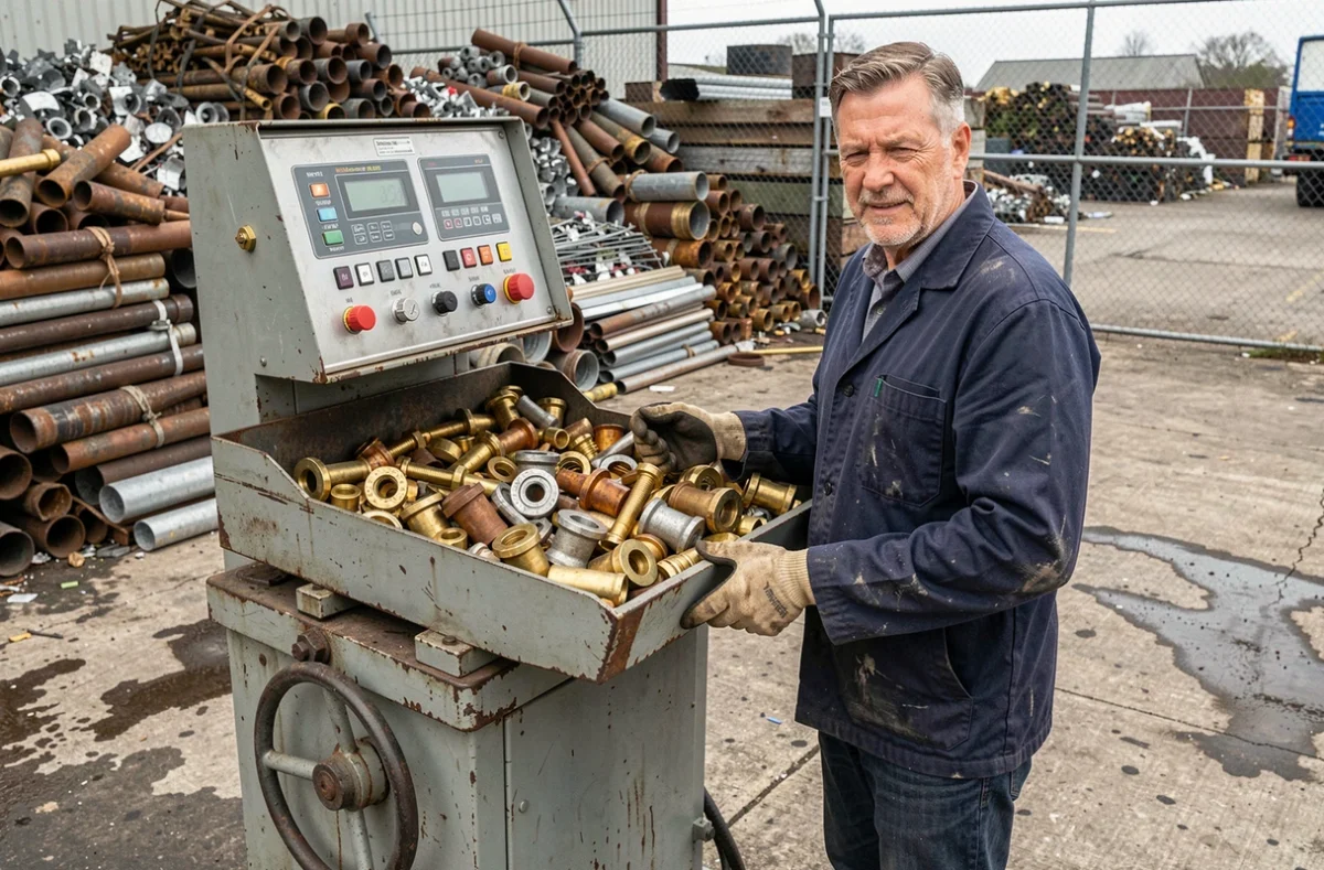 Ouvrier pesant des pièces en laiton sur une balance industrielle dans un centre de recyclage de métaux