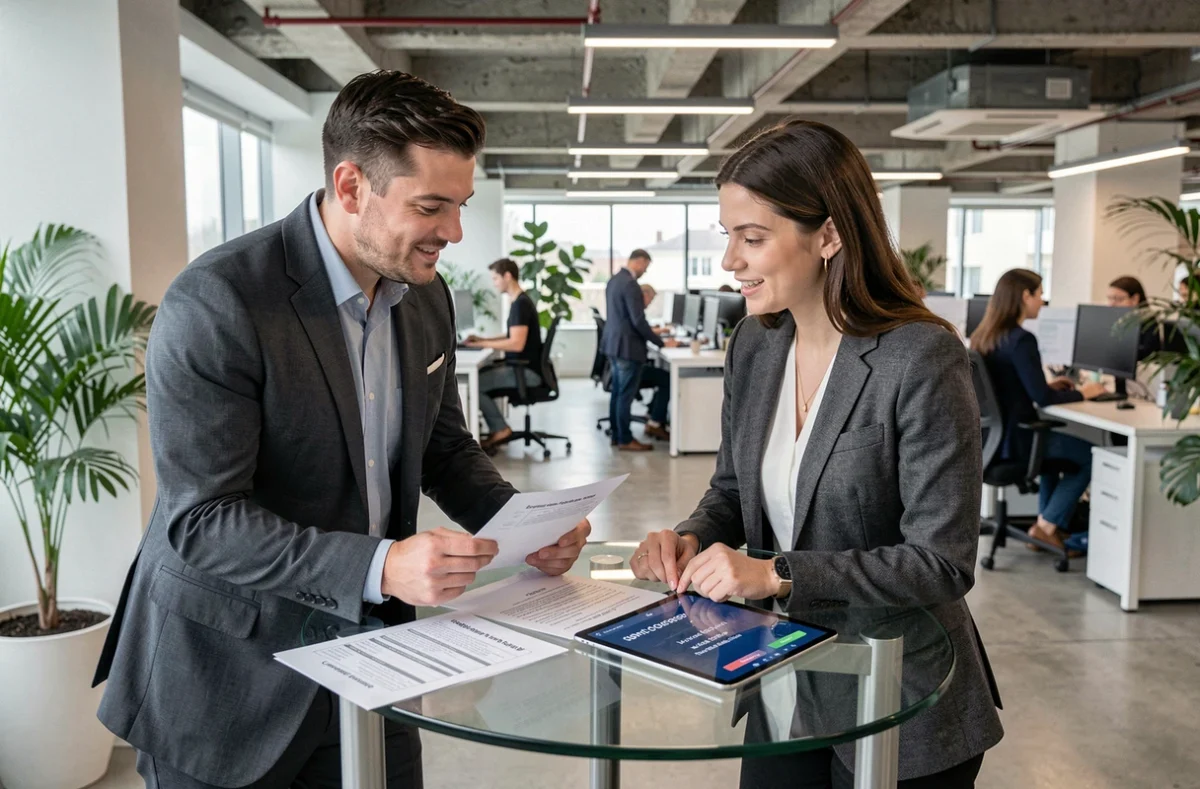 Deux collègues en open space discutant des plafonds de virement international avec documents et tablette