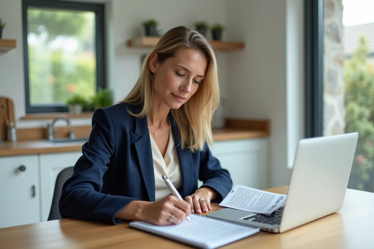 Une femme en blazer marine prépare ses documents juridiques à domicile avant un rendez-vous avec un conseiller Intrum, prise de notes sur courrier légal