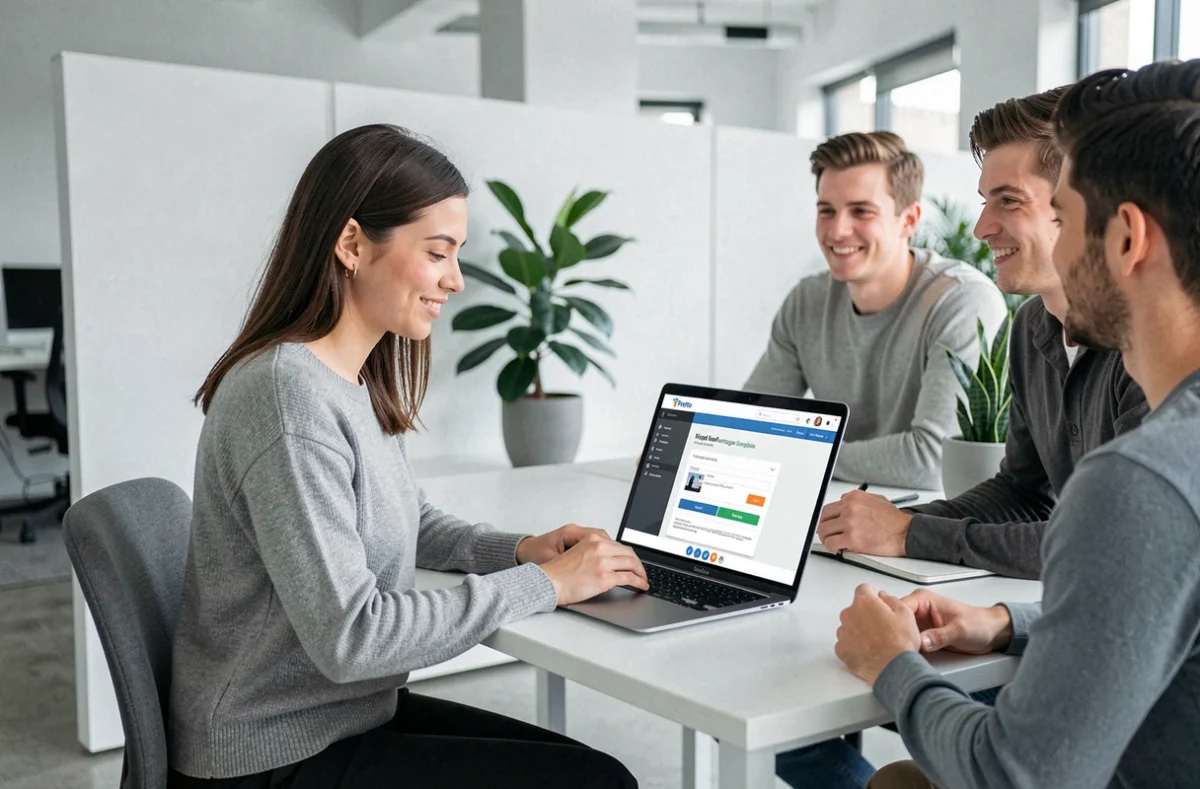 Conseillère Pretto guidant un jeune couple dans la simulation de leur prêt immobilier en ligne sur ordinateur