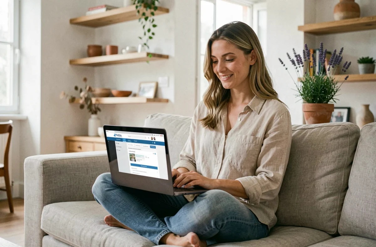 Jeune femme utilisant la plateforme en ligne Pretto pour simuler son prêt immobilier depuis chez elle
