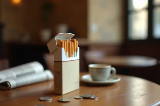 Paquet de cigarettes sur une table de café à Rome avec des pièces en euros et un expresso, illustrant les prix du tabac en Italie en 2026