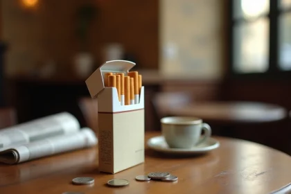 Paquet de cigarettes sur une table de café à Rome avec des pièces en euros et un expresso, illustrant les prix du tabac en Italie en 2026