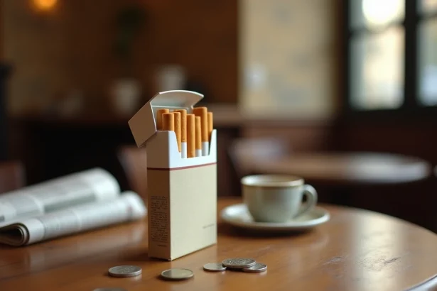 Paquet de cigarettes sur une table de café à Rome avec des pièces en euros et un expresso, illustrant les prix du tabac en Italie en 2026