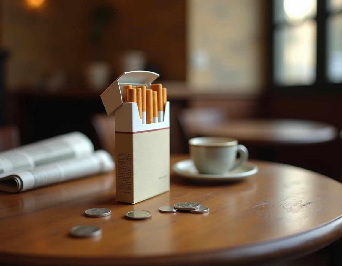 Paquet de cigarettes sur une table de café à Rome avec des pièces en euros et un expresso, illustrant les prix du tabac en Italie en 2026