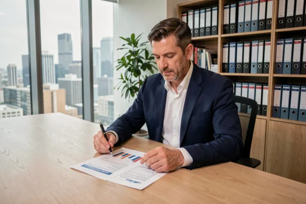 Homme d'affaires analysant le prix d'une part de SCPI sur des documents financiers dans un bureau moderne