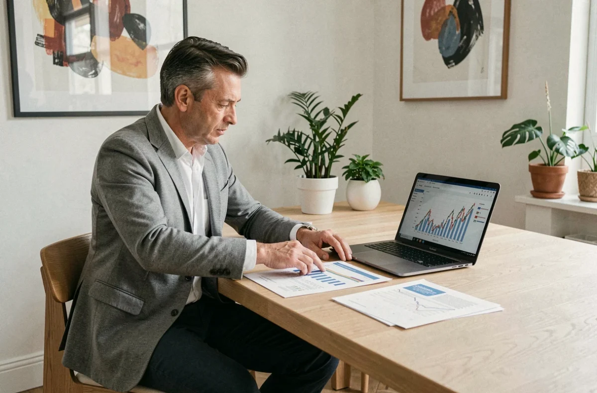 Professionnel de la finance examinant des rapports d'investissement et de fortune dans un bureau parisien élégant