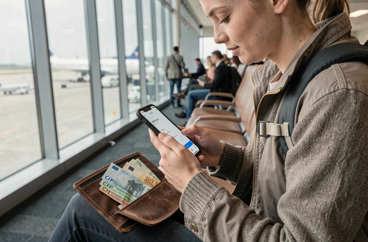 Voyageuse en PVT consultant une application de change entre francs pacifiques et euros dans un aéroport