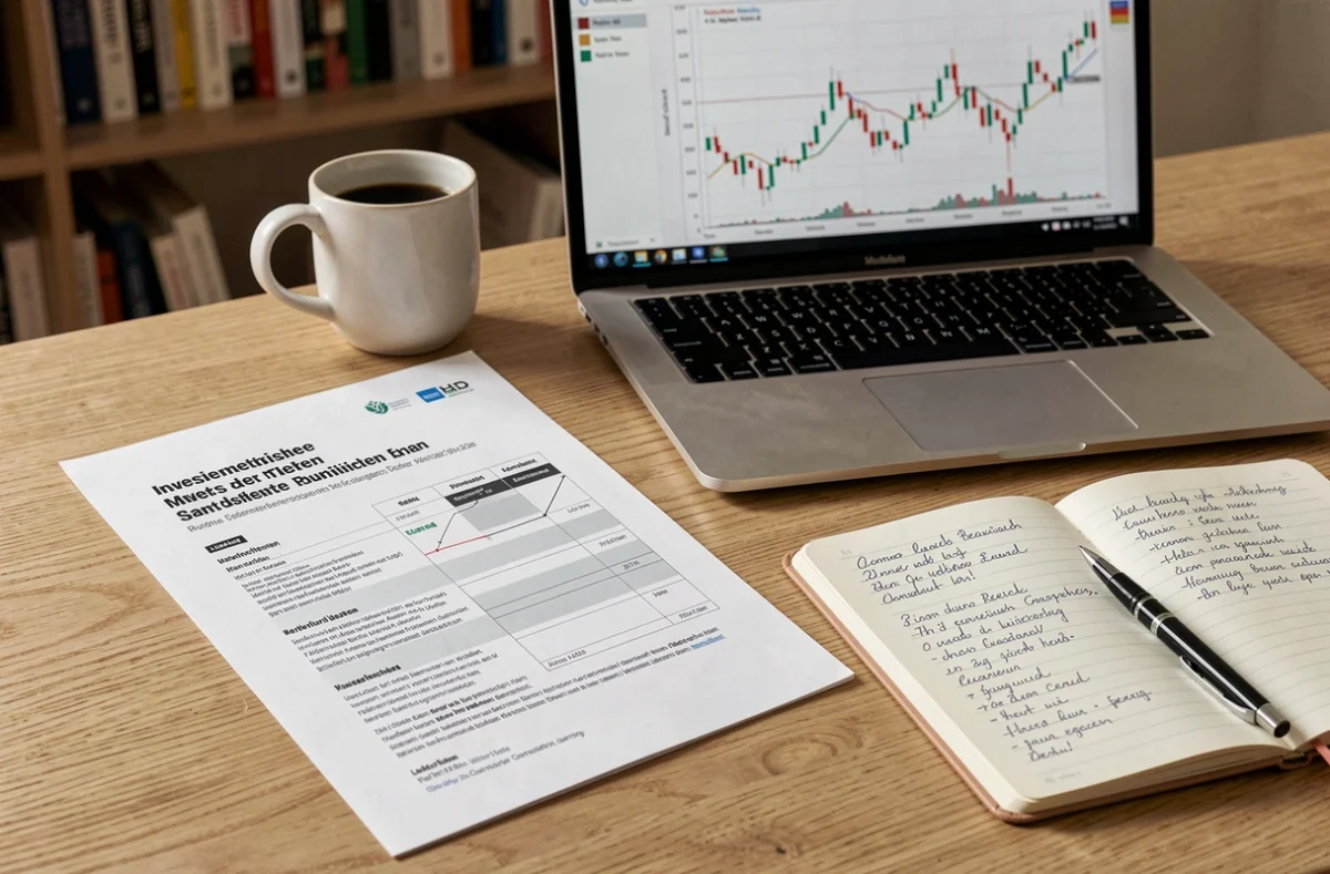 Bureau avec rapport de portefeuille SCPI allemand, ordinateur portable et notes d'investissement immobilier