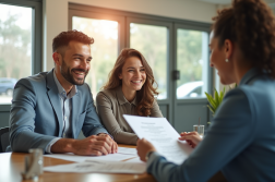 Jeune couple rencontrant un banquier dans une banque moderne