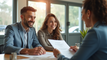 Pourquoi choisir la Société Générale comme banque pour les particuliers ? Jeune couple rencontrant un banquier dans une banque moderne