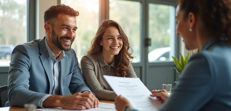 Jeune couple rencontrant un banquier dans une banque moderne