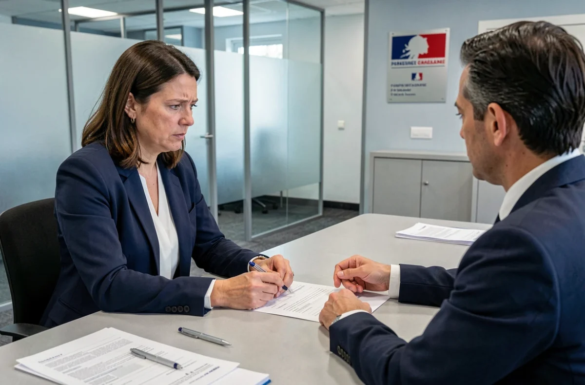 Une contribuable en rendez-vous avec un conseiller fiscal dans une administration publique pour éviter des erreurs dans ses démarches fiscales