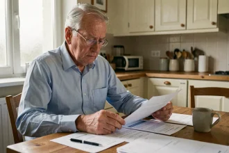 Retraité français examinant ses documents de pension et le taux de CSG 2026 à domicile