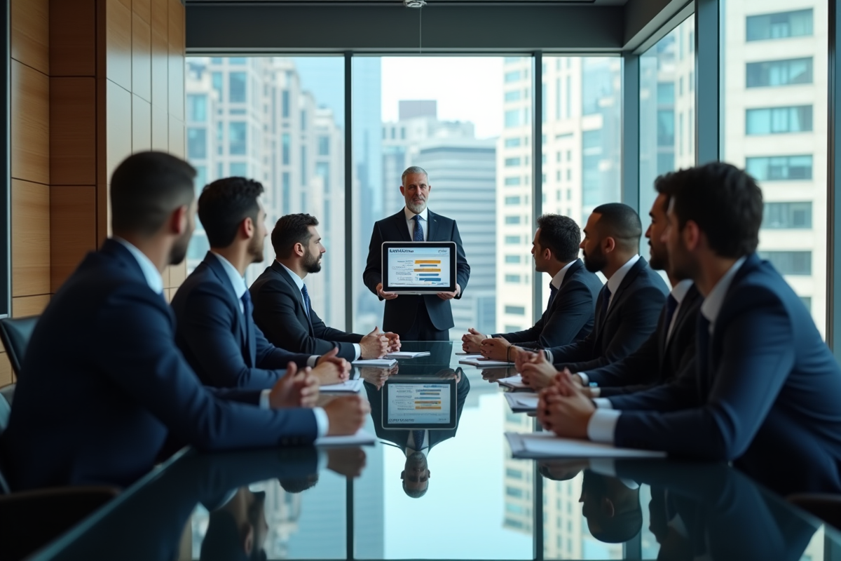 Groupe de professionnels lors d'une réunion avec un graphique PESTEL