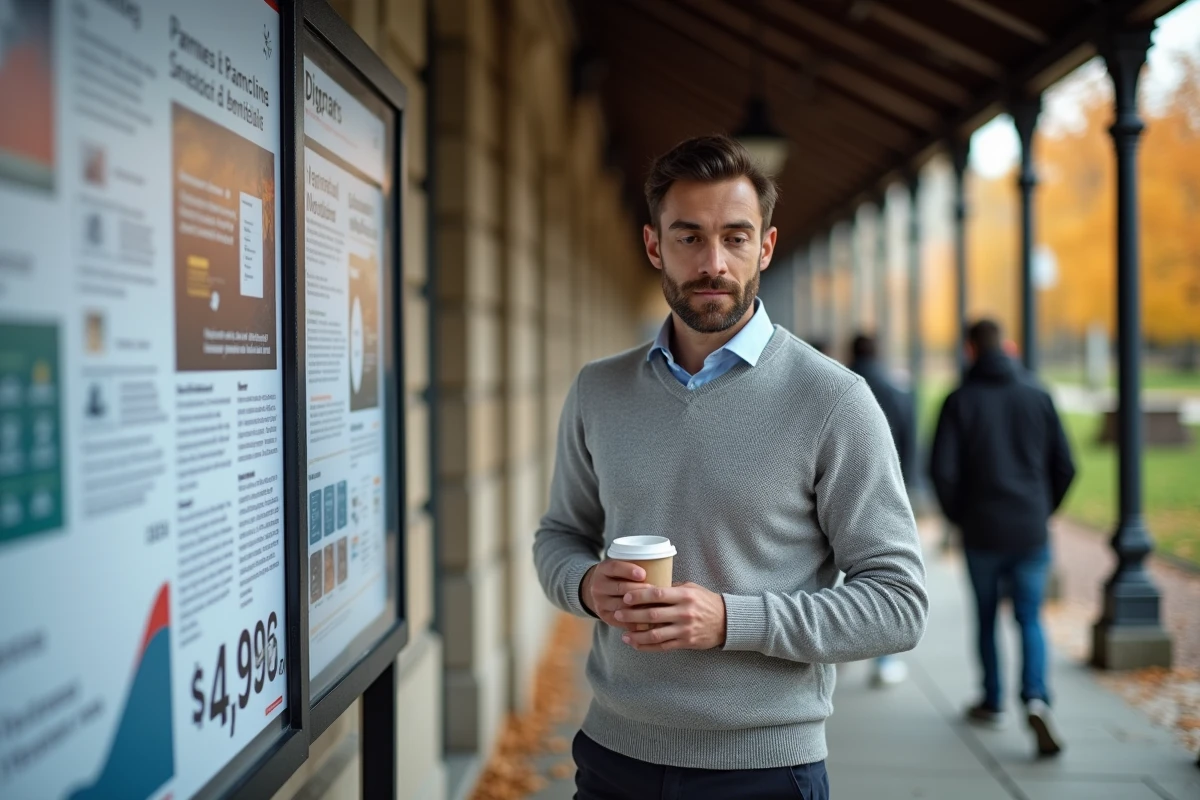 Homme consultant un tableau des salaires selon le diplôme sur le campus d'une université française