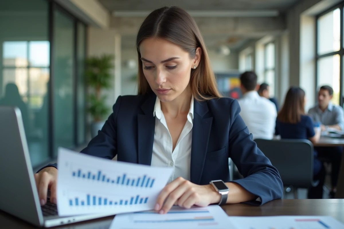 Femme cadre en bureau parisien consultant des graphiques de salaires moyens en France en 2026