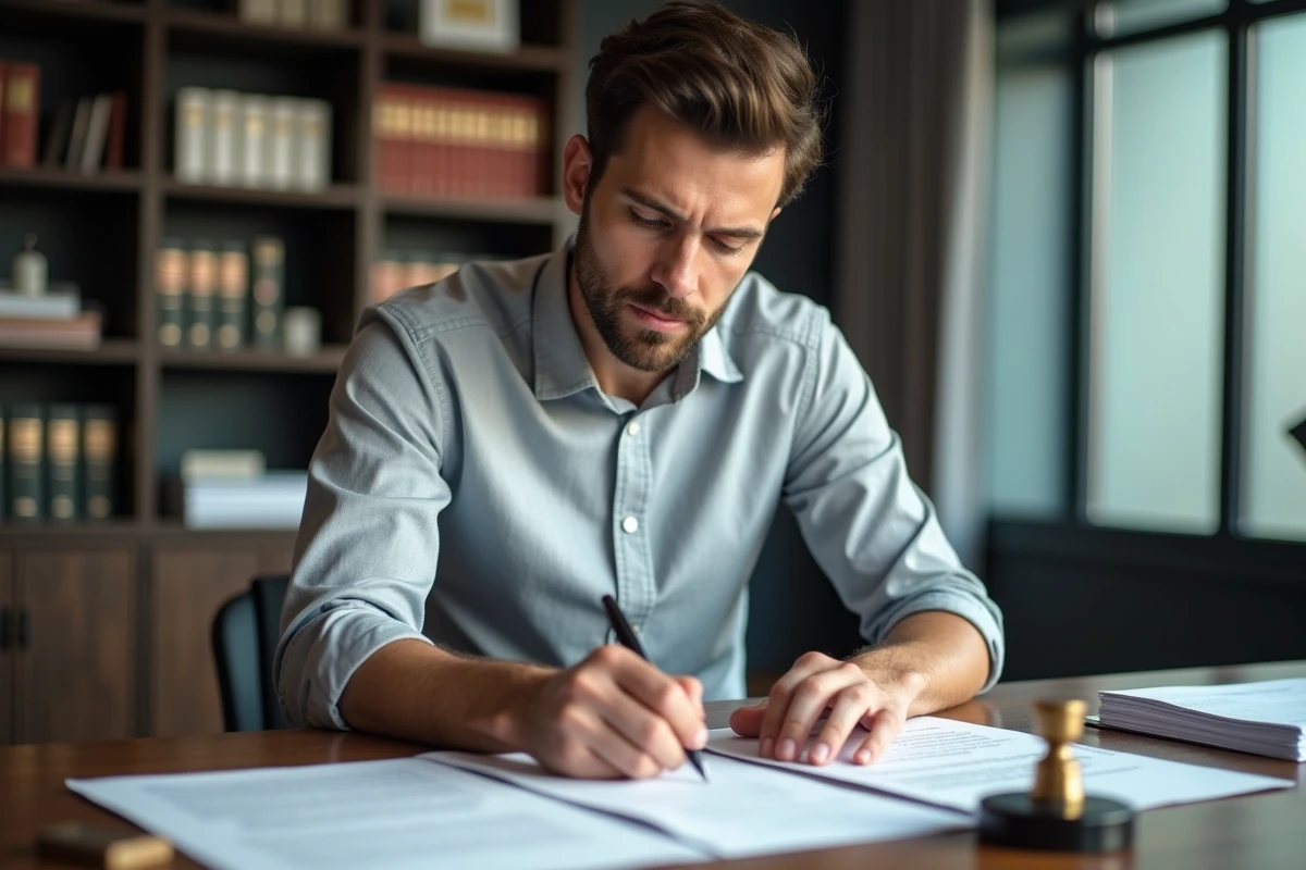 Homme signant un acte de garantie hypothécaire chez un notaire lors de la finalisation d'un crédit immobilier