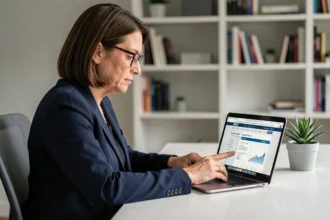 Femme professionnelle souscrivant une SCPI en ligne depuis son bureau à domicile