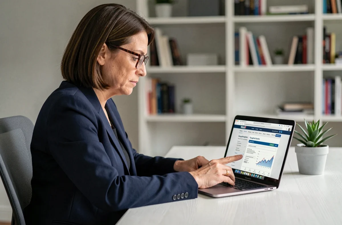 Femme professionnelle souscrivant une SCPI en ligne depuis son bureau à domicile