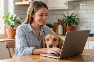 Femme souriante souscrivant une assurance chien en ligne sur son ordinateur portable avec son golden retriever à ses côtés