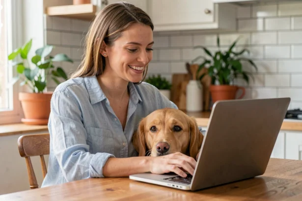 Femme souriante souscrivant une assurance chien en ligne sur son ordinateur portable avec son golden retriever à ses côtés
