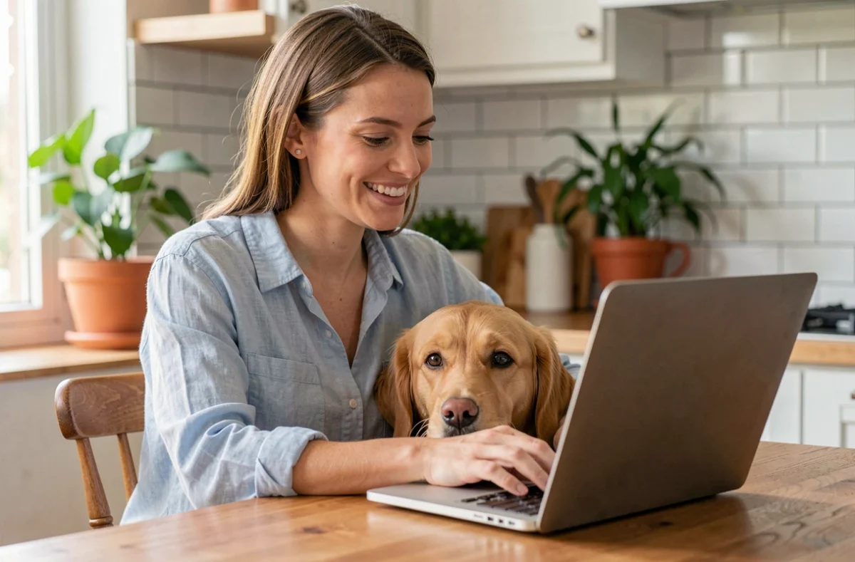 Femme souriante souscrivant une assurance chien en ligne sur son ordinateur portable avec son golden retriever à ses côtés