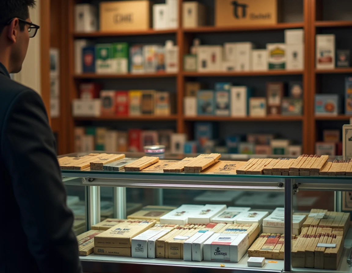 Présentoir d'un bureau de tabac italien avec des paquets et cartouches de cigarettes classés par marque, typique des tabacchi en Italie