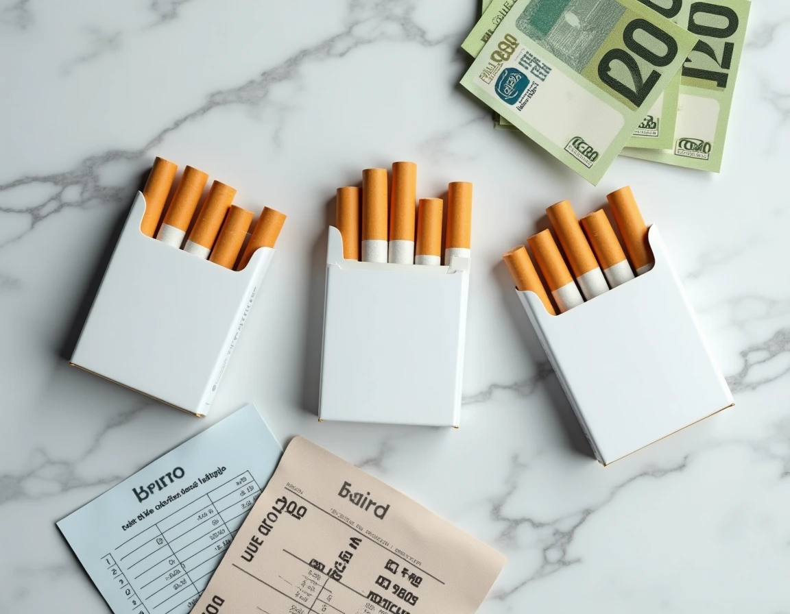 Vue à plat de paquets de cigarettes avec un tableau comparatif de prix et des billets en euros sur marbre, pour illustrer les tarifs du tabac en Italie 2026