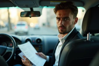 Jeune conducteur de taxi français avec papiers à l'intérieur