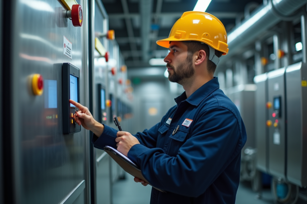 Technicien sécurité examine un panneau de contrôle industriel